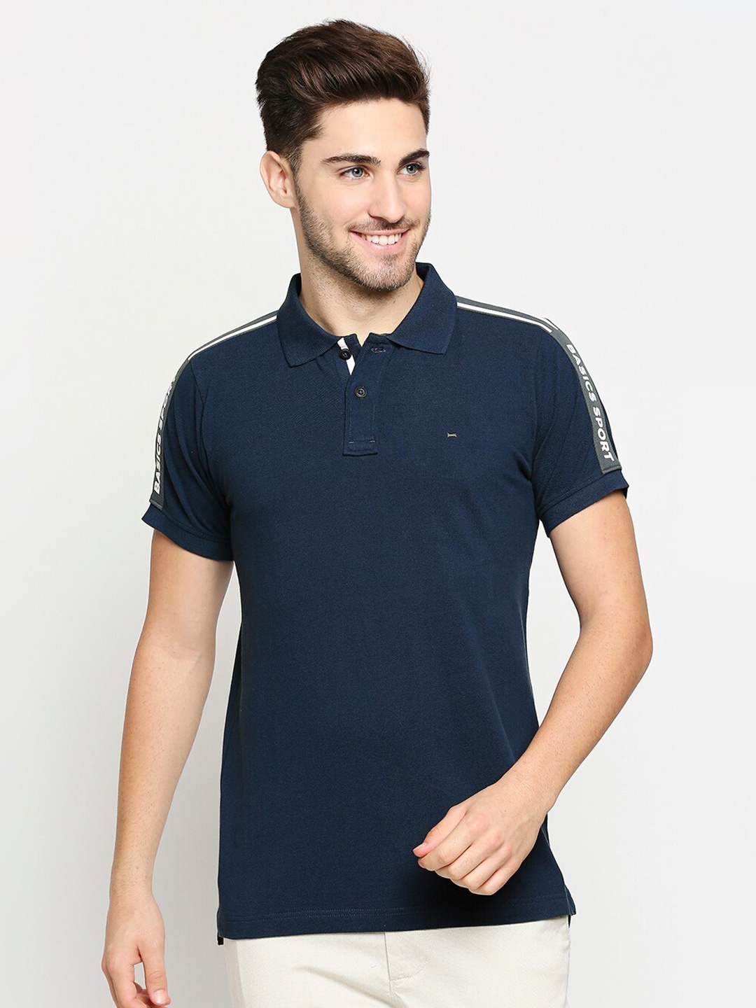 

Basics Men Navy Blue Polo Collar Pockets Slim Fit T-shirt