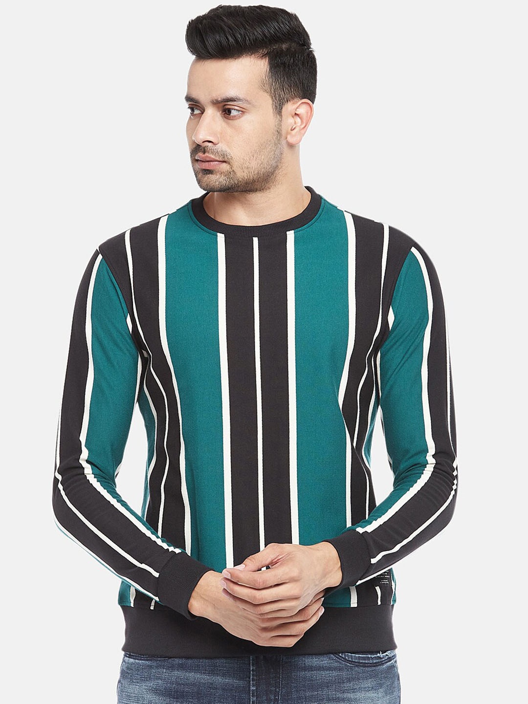 

People Men Black & Green Striped Sweatshirt