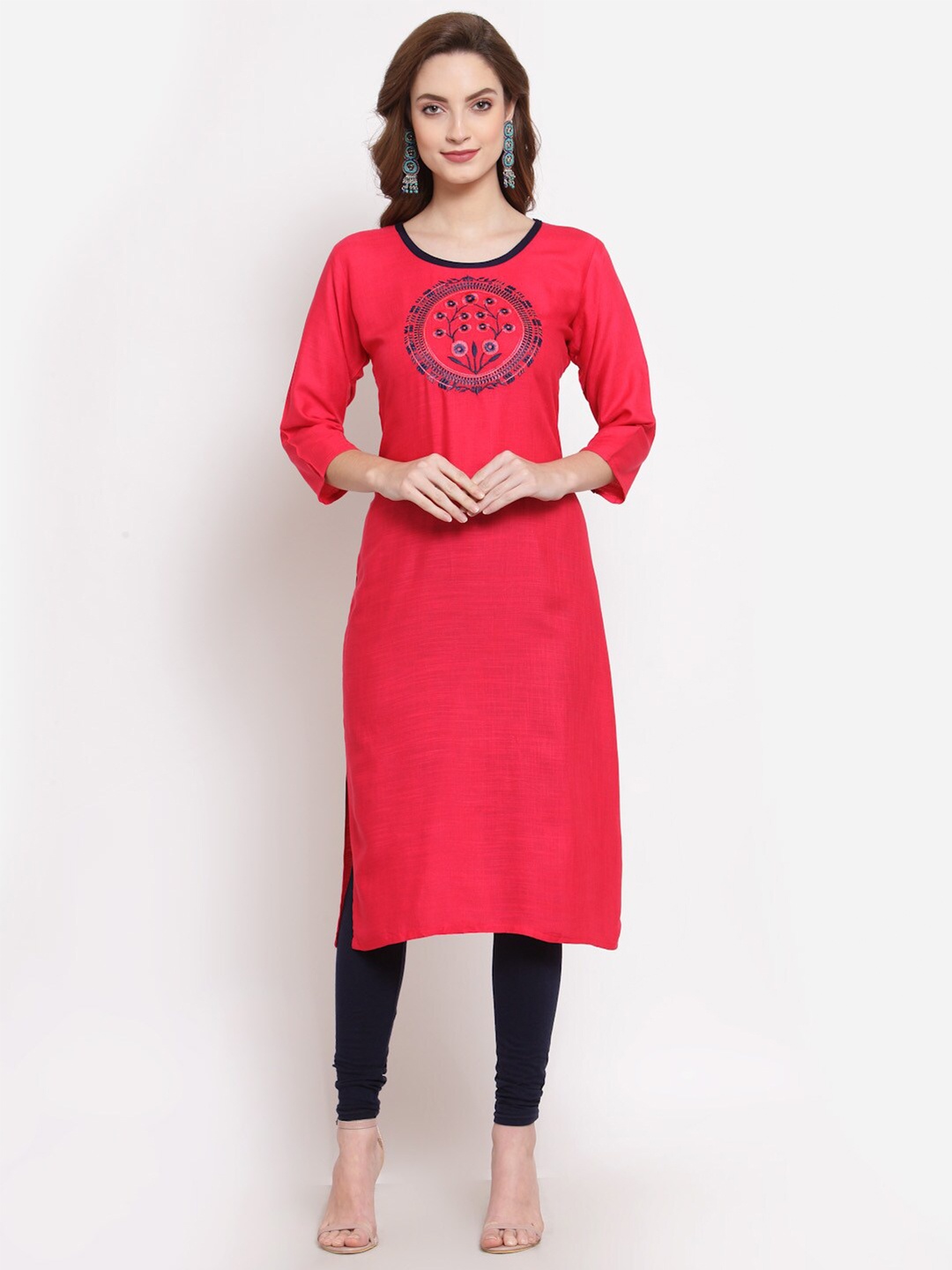 

SERONA FABRICS Ethnic Motifs Embroidered Straight Regular Kurta, Pink