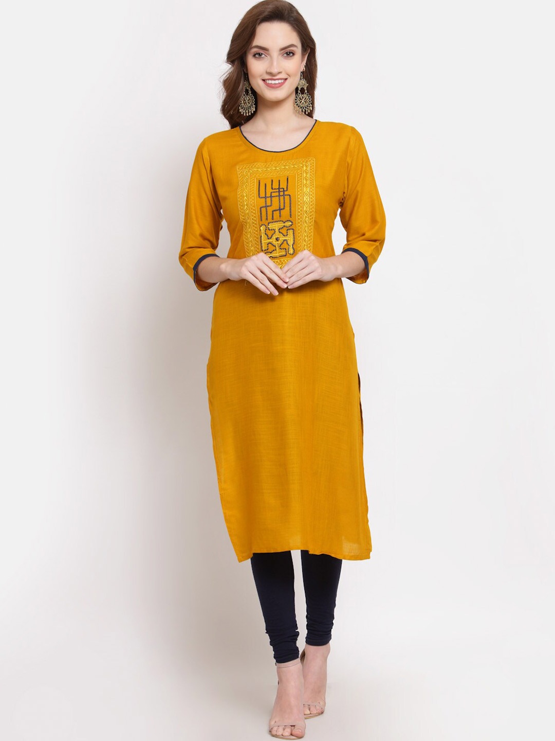 

SERONA FABRICS Women Mustard Yellow Geometric Embroidered Kurta