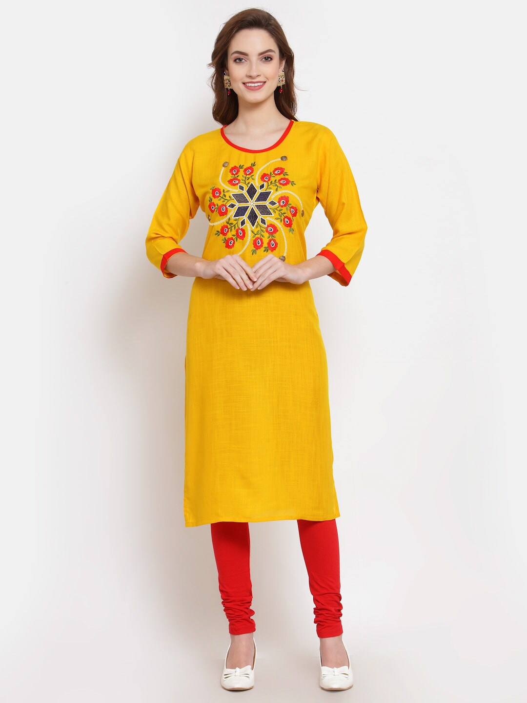 

SERONA FABRICS Women Yellow & Red Embroidered Thread Work Kurta