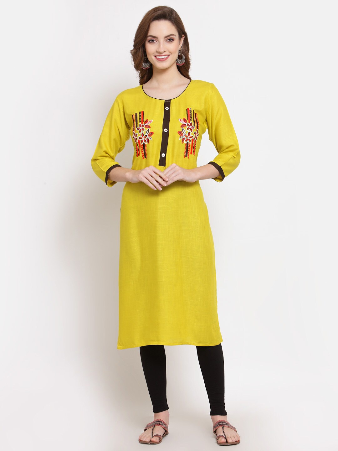 

SERONA FABRICS Women Yellow & Red Ethnic Motifs Embroidered Kurta