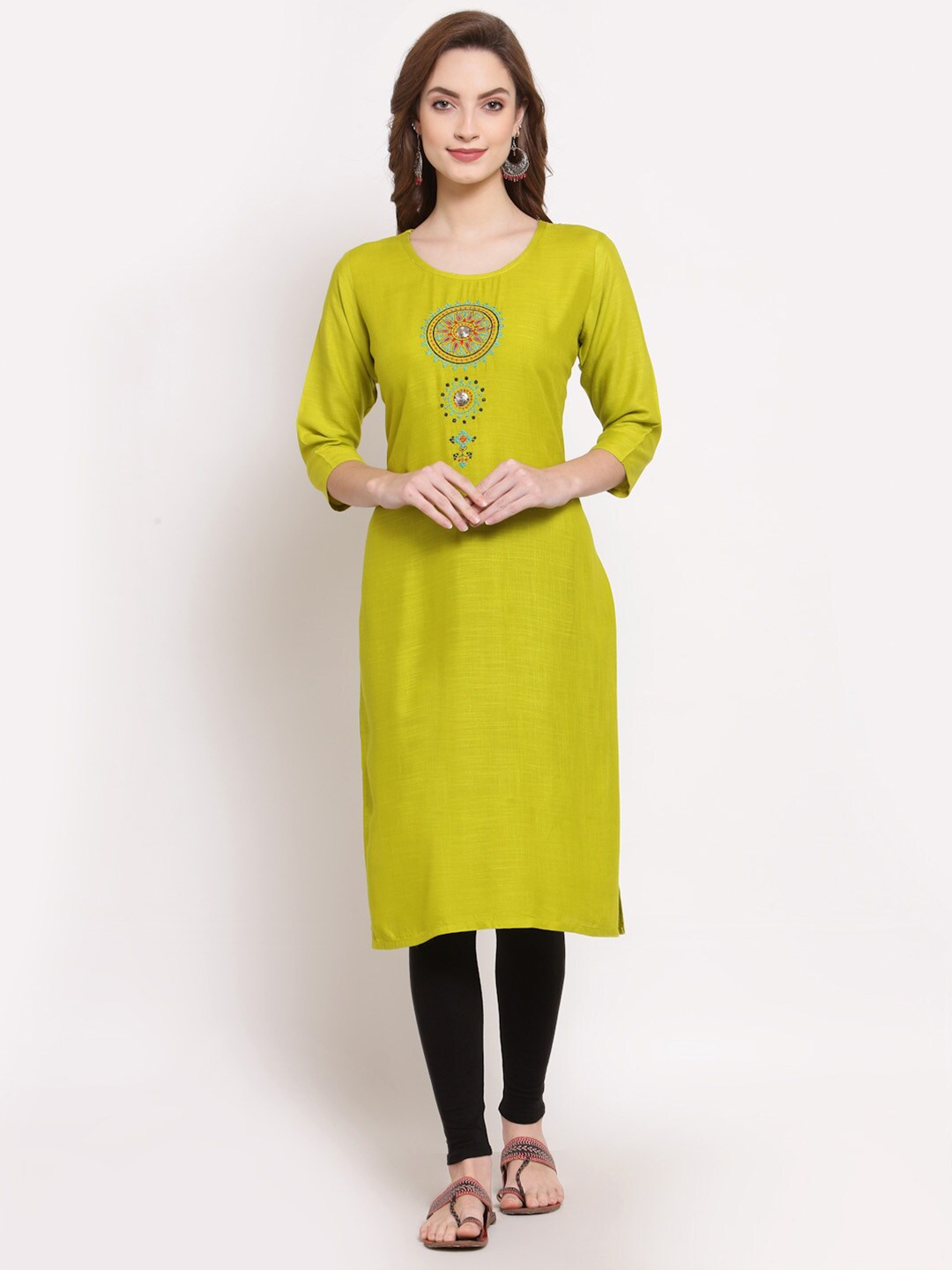 

SERONA FABRICS Women Lime Green Ethnic Motifs Embroidered Kurta