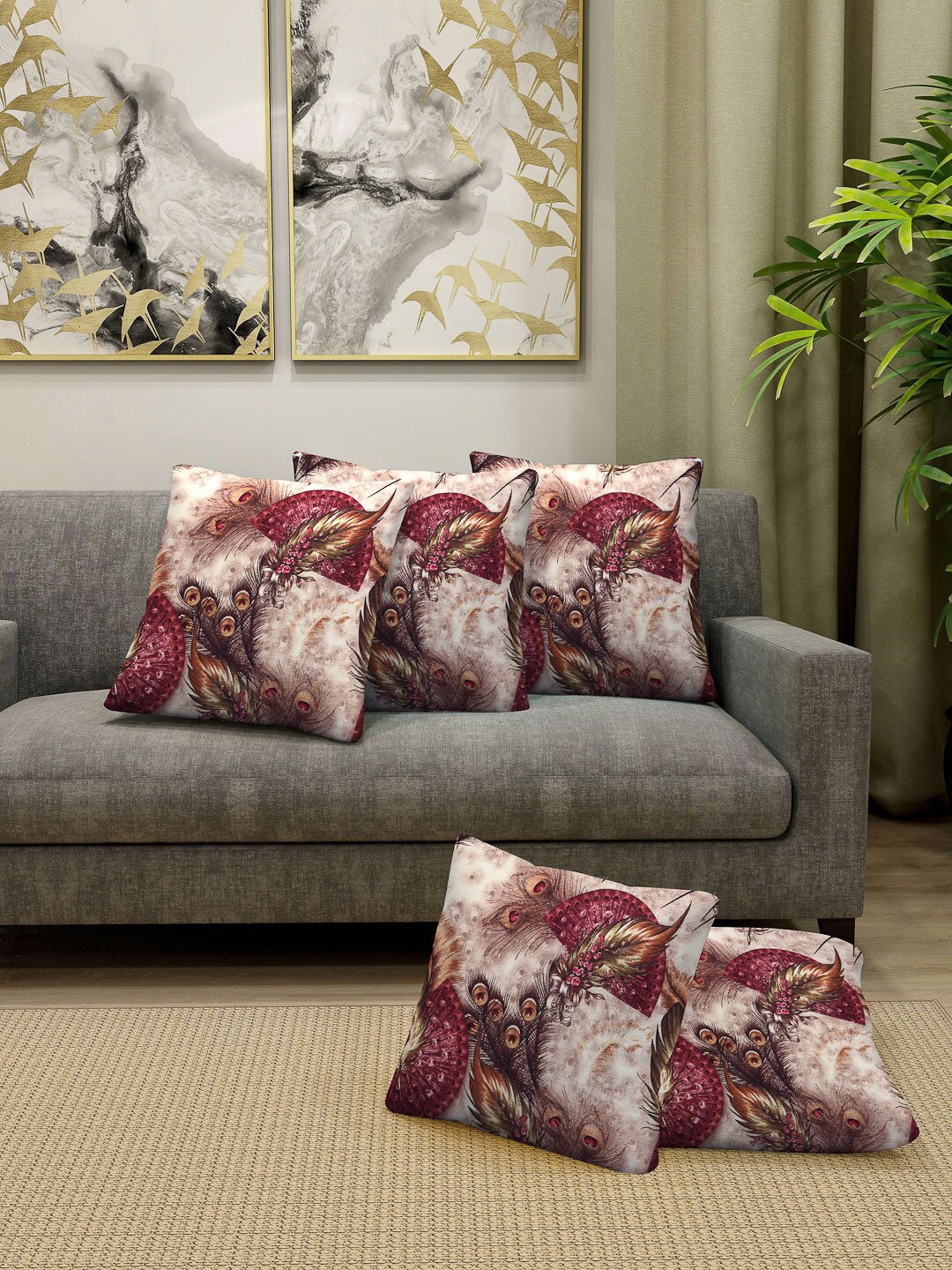 

Arrabi Beige & Maroon Set of 5 Floral Square Cushion Covers