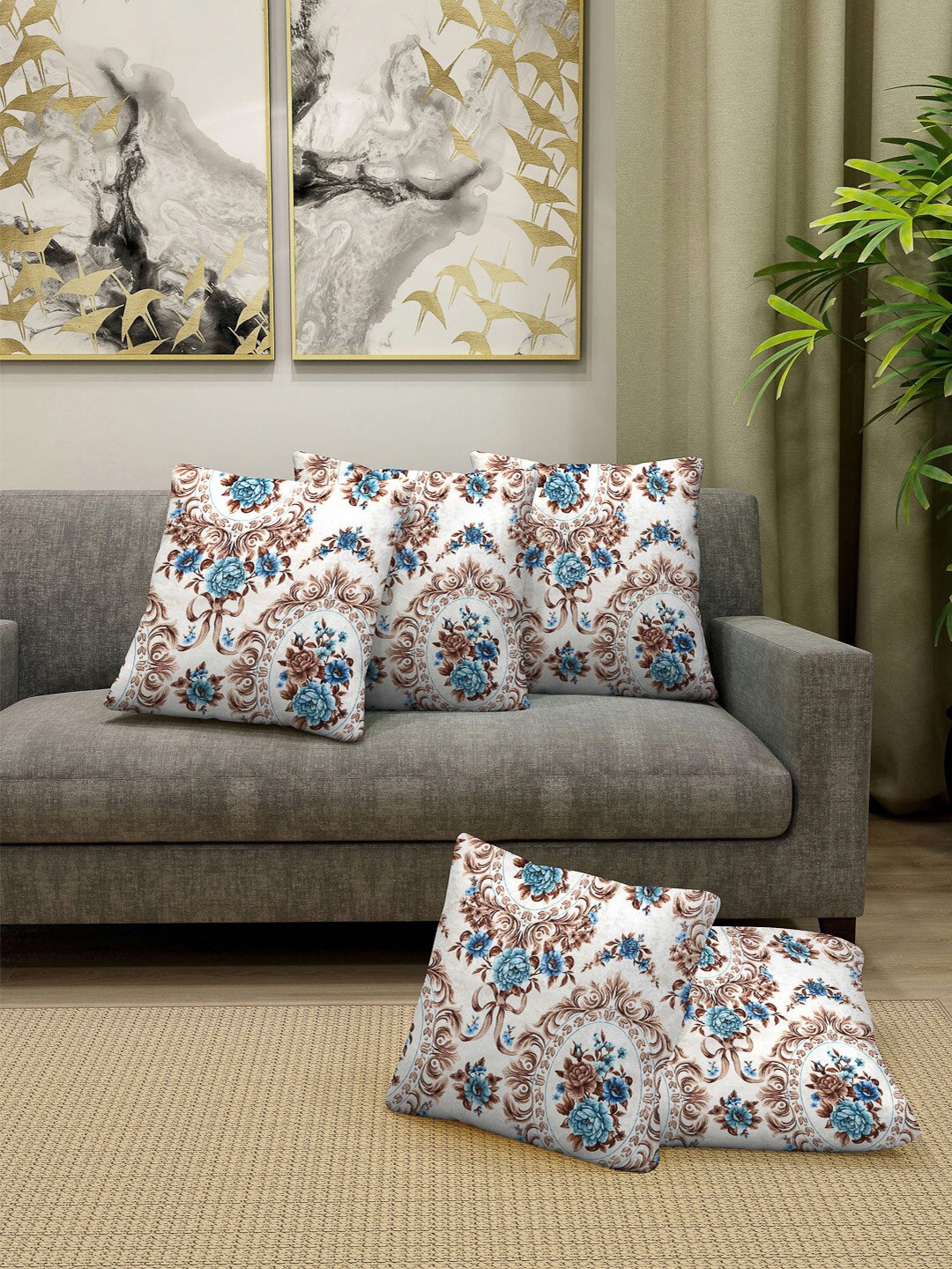 

Arrabi Set Of 5 Blue & Off White Floral Printed Chennille Square Cushion Covers