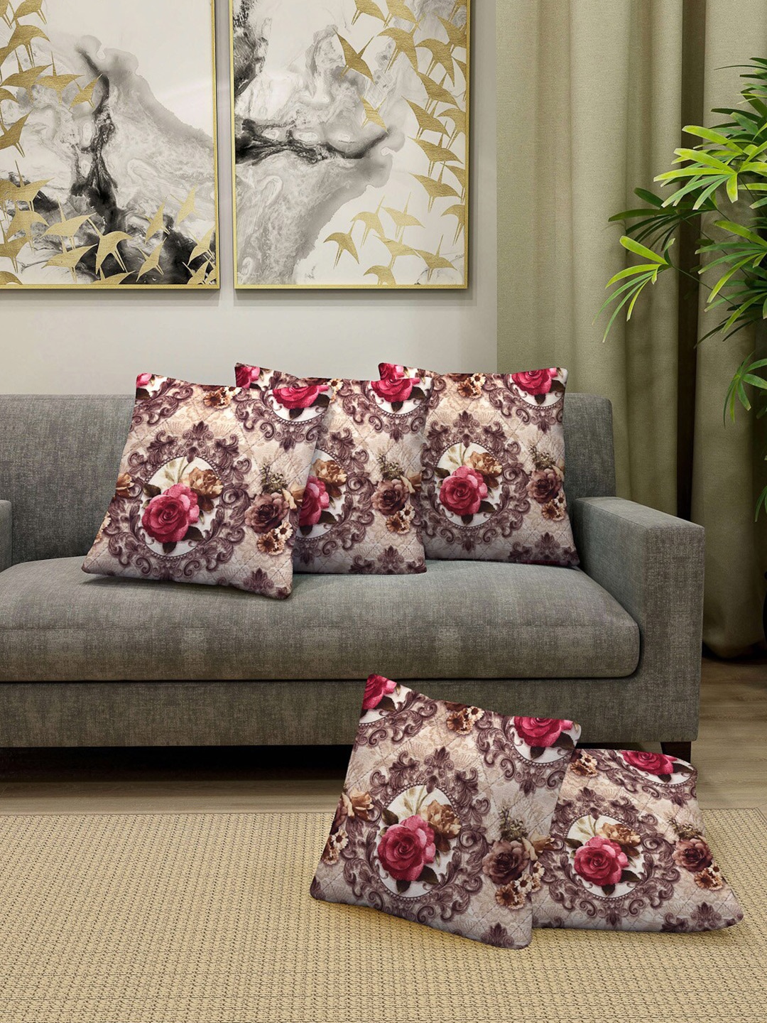 

Arrabi Beige & Maroon Set of 5 Floral Square Cushion Covers