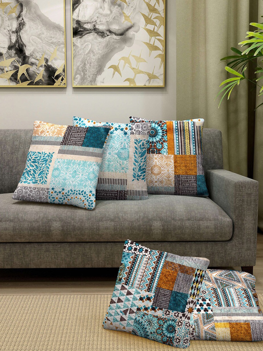 

Arrabi Blue & Beige Set of 5 Ethnic Motifs Square Cushion Covers