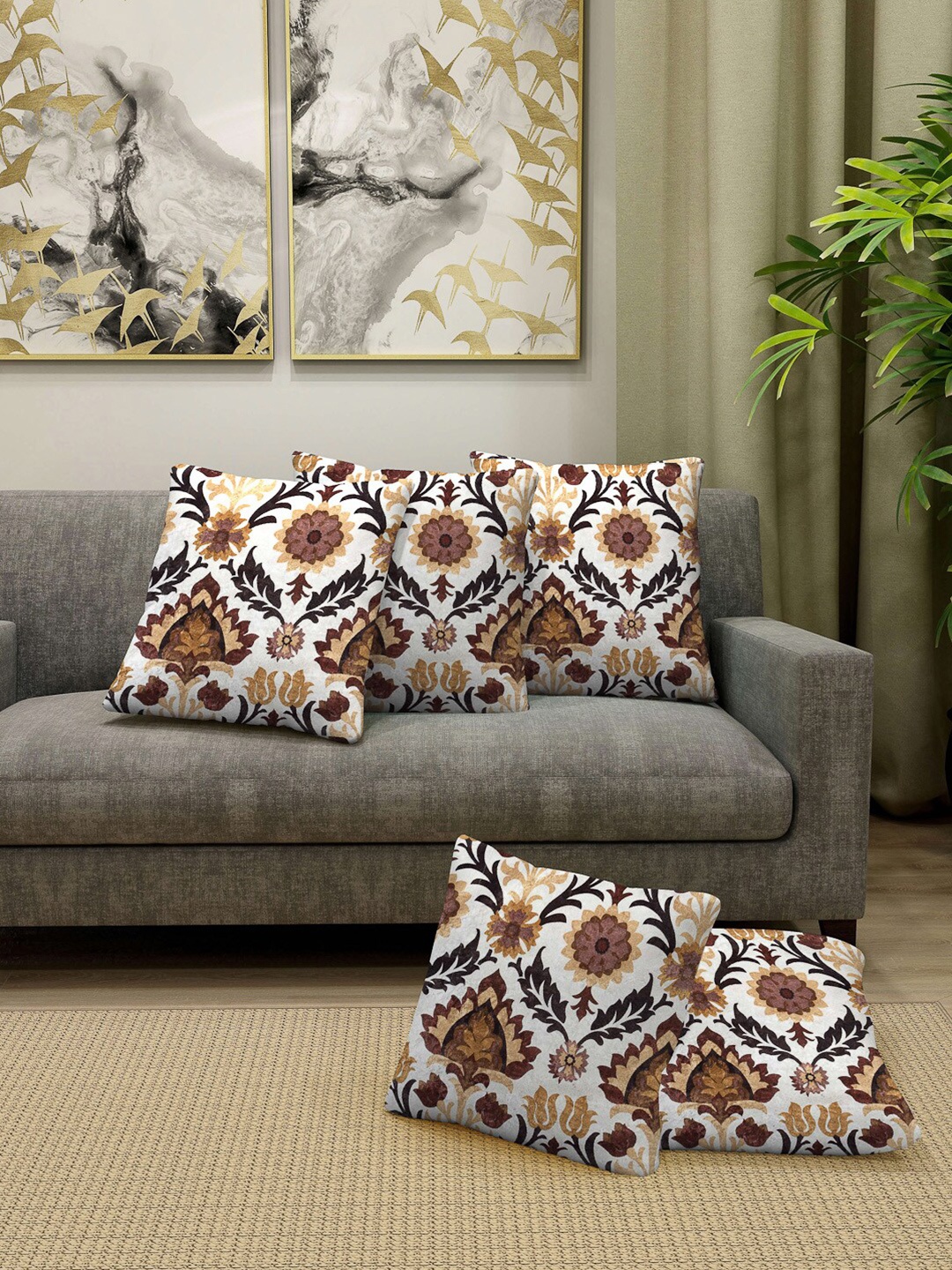 

Arrabi White & Brown Set of 5 Floral Square Cushion Covers