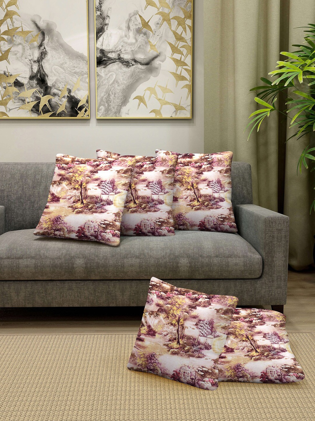 

Arrabi Set of 5 White & Brown Floral Square Cushion Covers