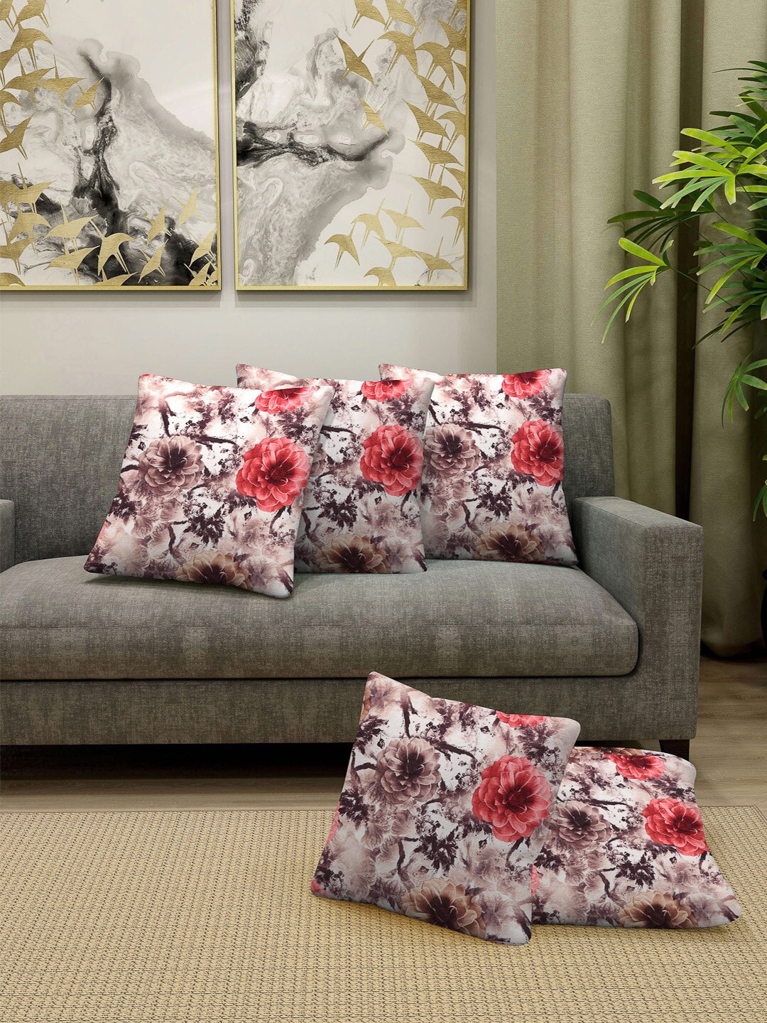 

Arrabi Set of 5 White & Red Floral Square Cushion Covers