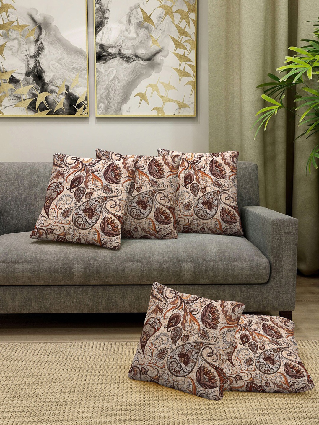 

Arrabi Brown & Grey Set of 5 Ethnic Motifs Square Cushion Covers