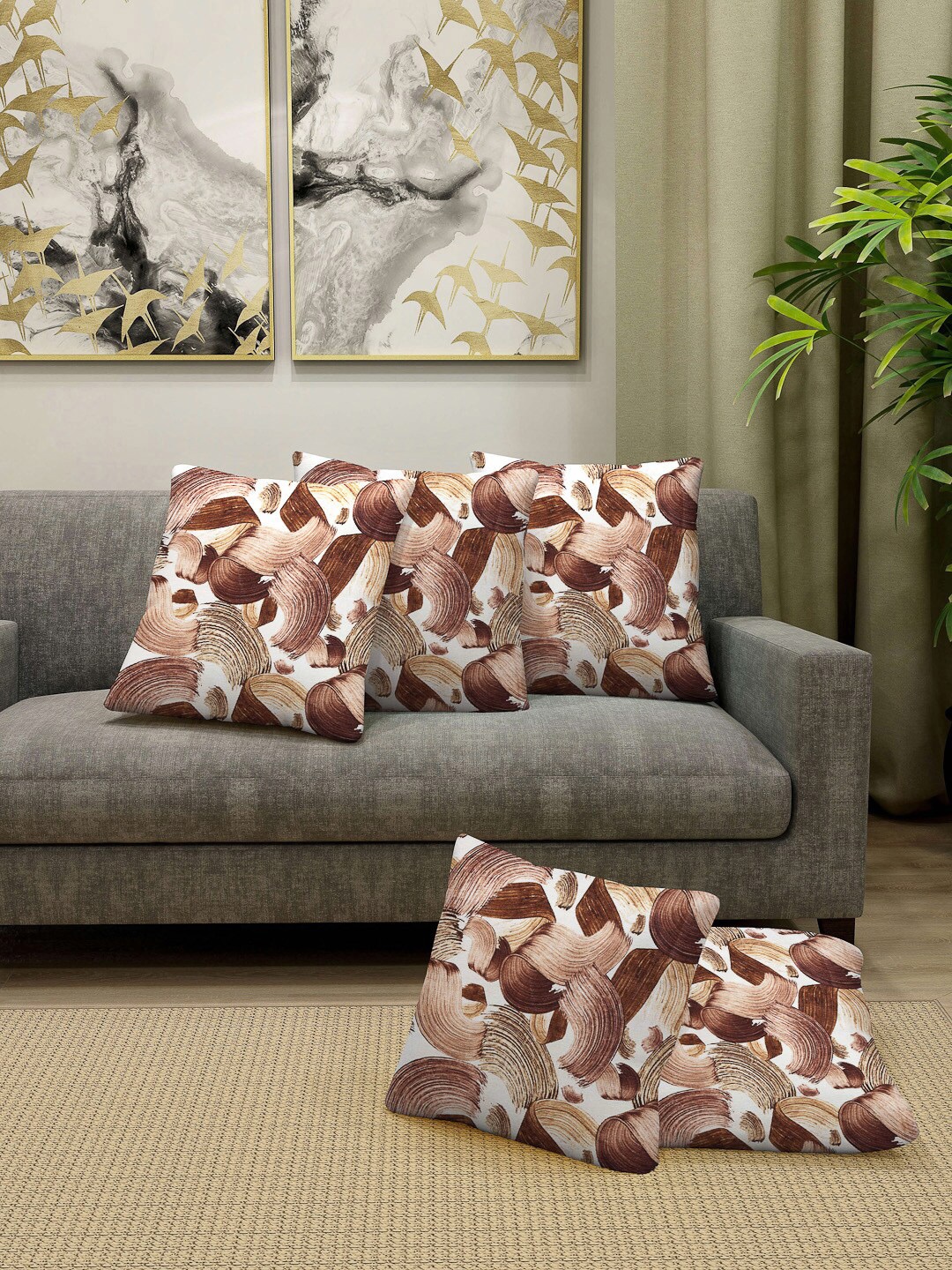 

Arrabi White & Brown Set of 5 Abstract Square Cushion Covers