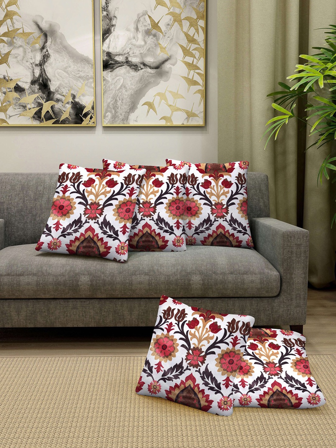 

Arrabi White & Red Set of 5 Floral Square Cushion Covers