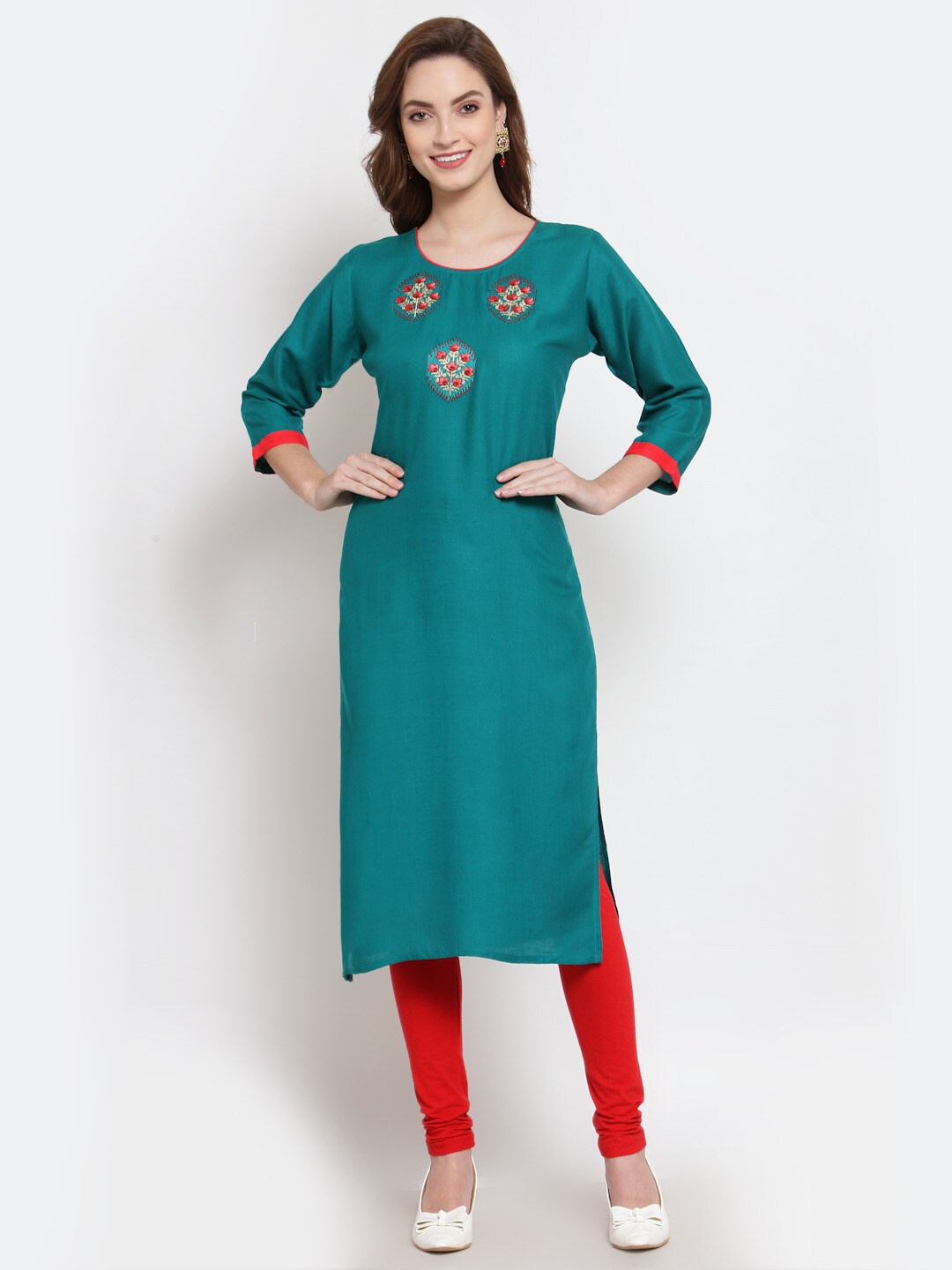 

SERONA FABRICS Women Sea Green & Red Embroidered Thread Work Kurta