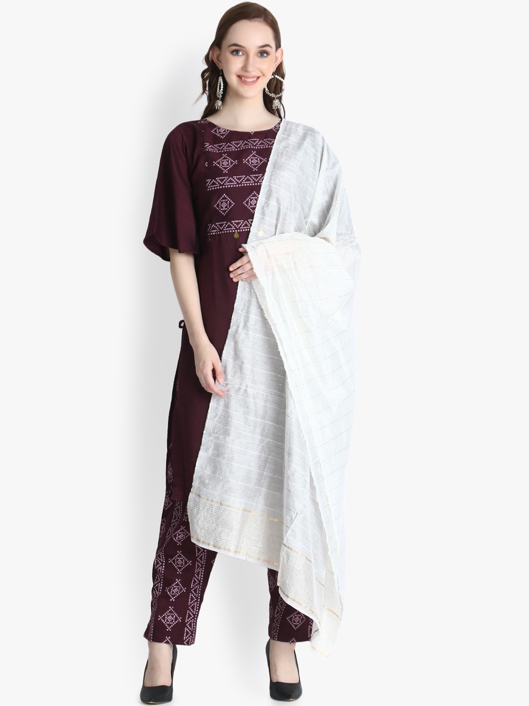 

OM SAI LATEST CREATION Women Violet Yoke Design Regular Kurti with Trousers & Dupatta