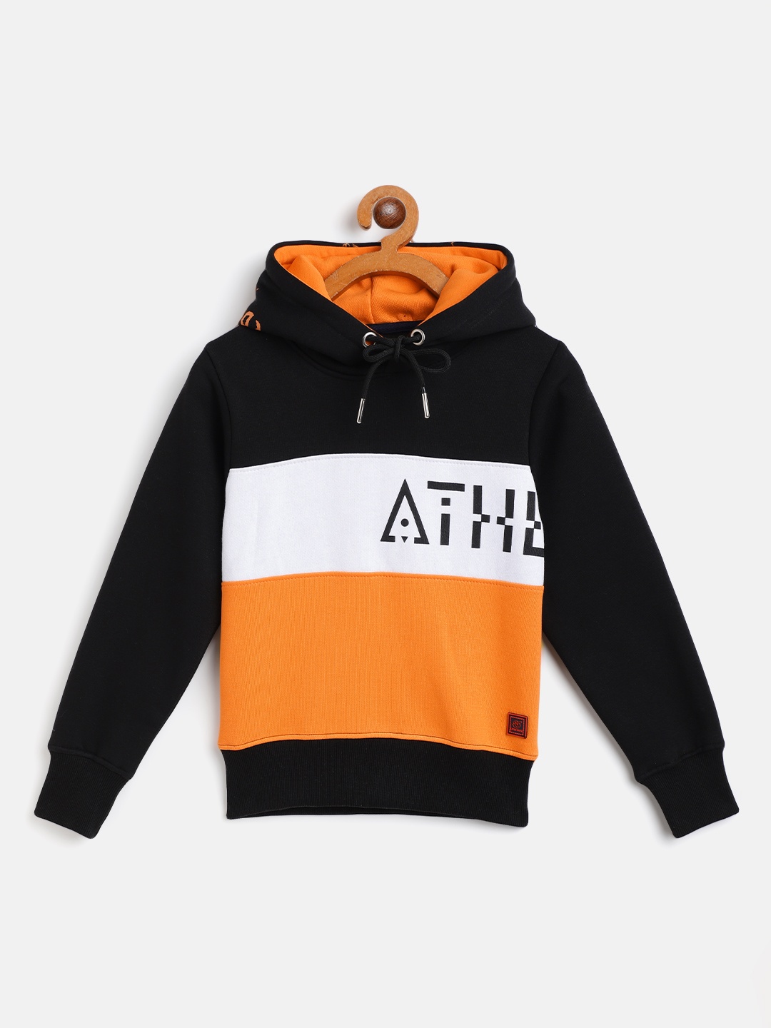 

Little Marco Boys Black & Orange Printed & Colourblocked Hooded Sweatshirt