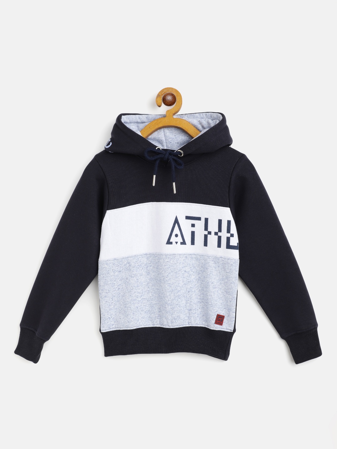 

Little Marco Boys Navy Blue & White Printed & Colourblocked Hooded Sweatshirt