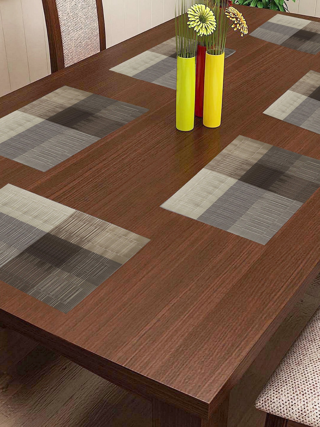 

Lushomes Set Of 6 Grey & Black Checked Bamboo Waterproof Dinning Table Place Mats