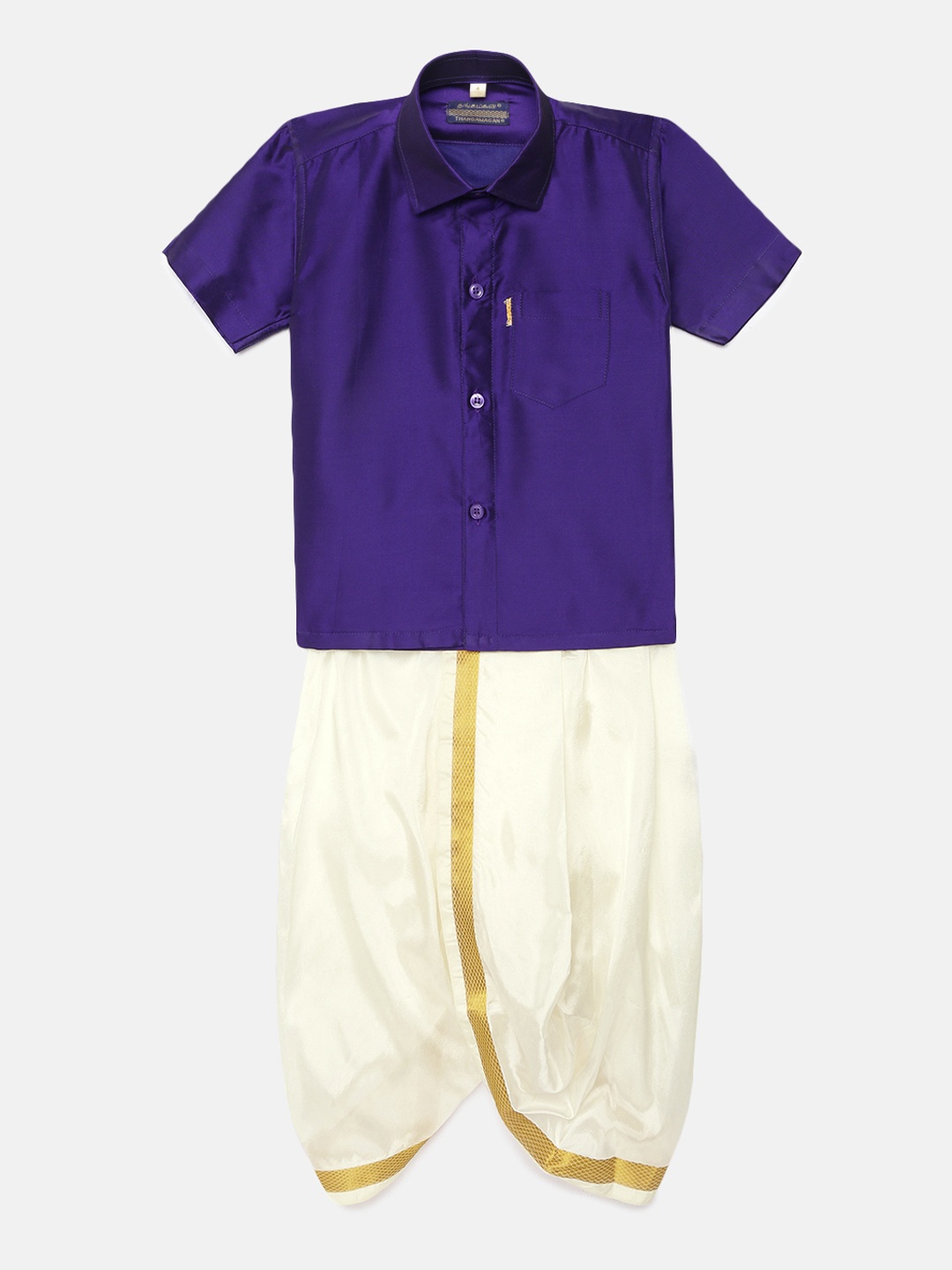 

Thangamagan Boys Violet Blue Solid Panjagajam & Shirt Set