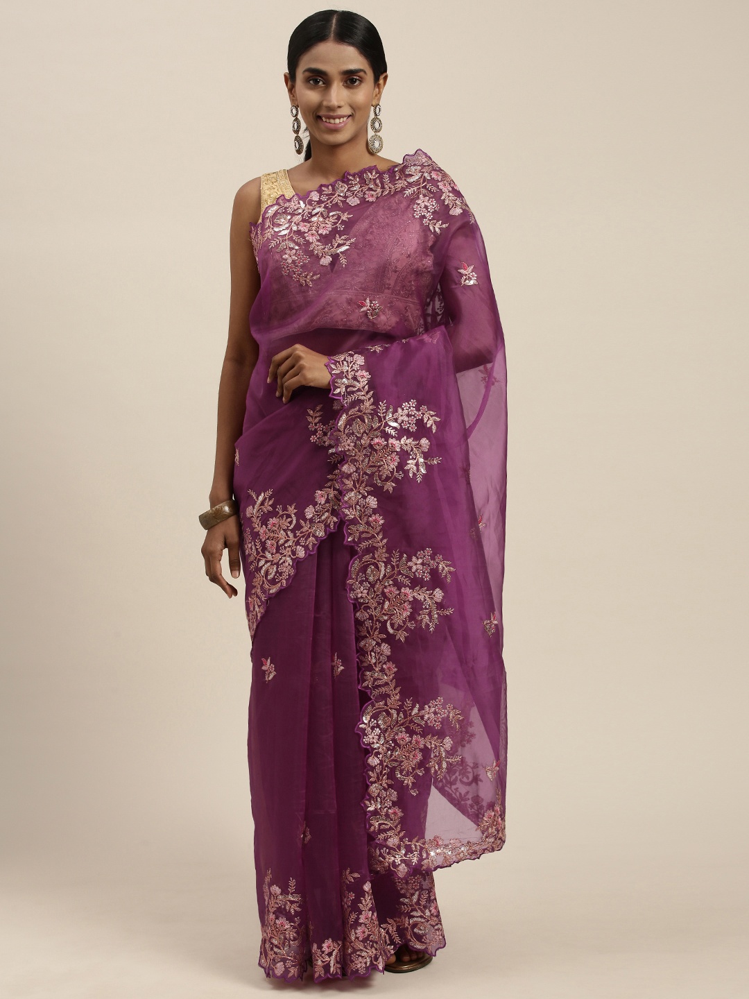 

Mitera Violet Floral Embroidered Sequinned Organza Saree