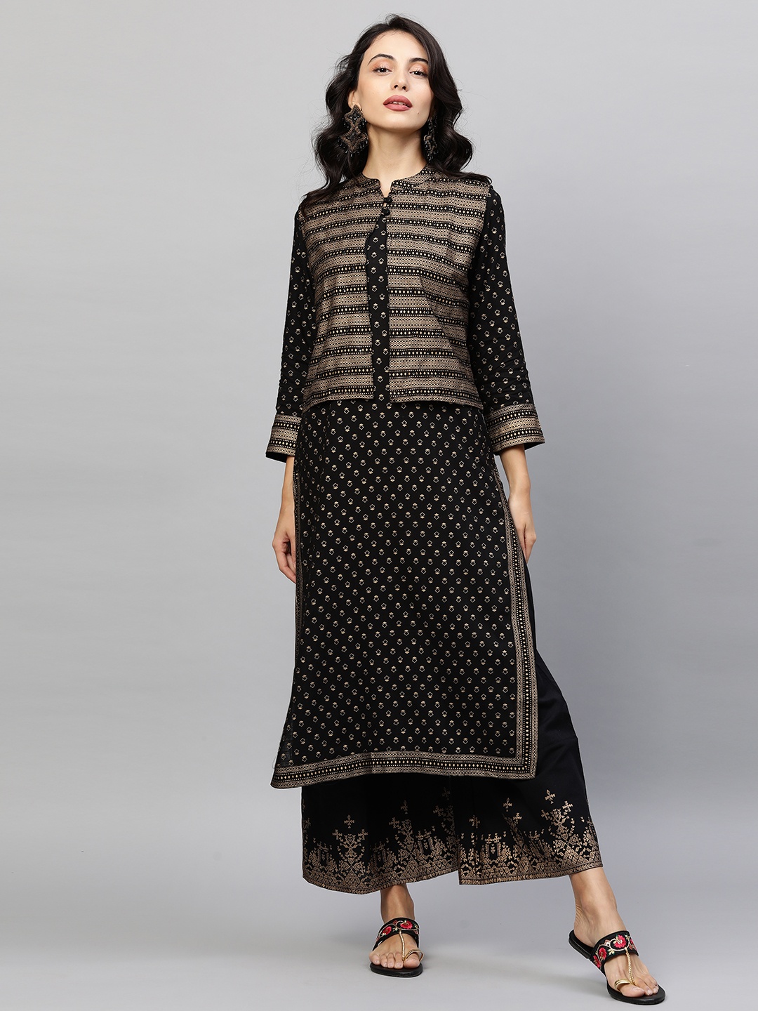 FASHOR Women Black Ethnic Motifs Printed Indie Prints Kurta