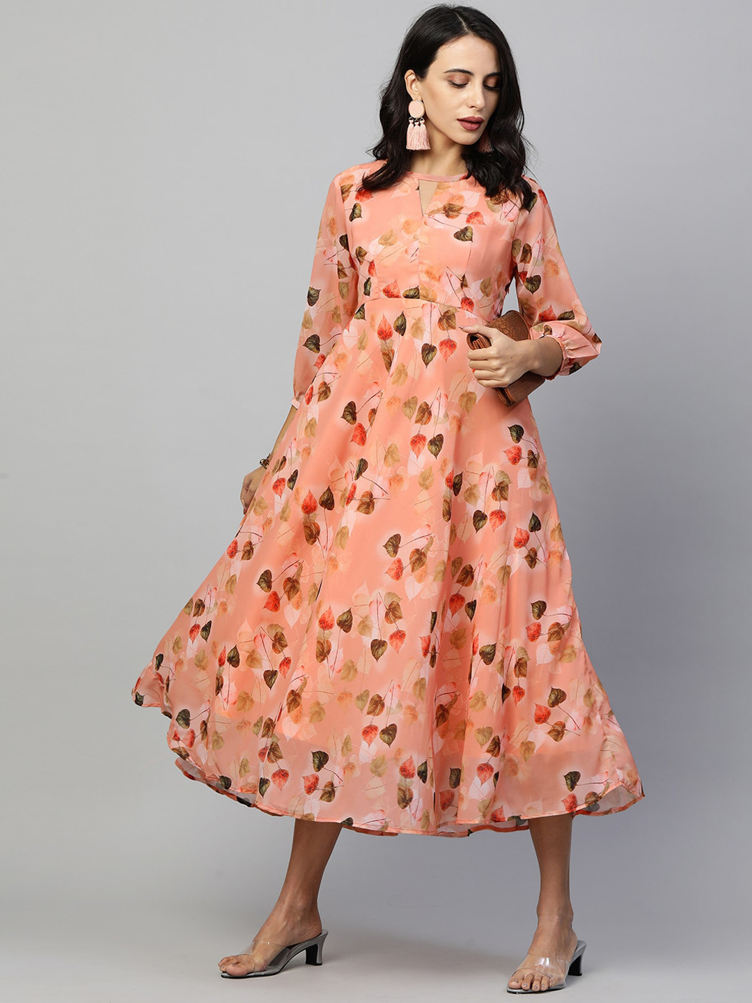 

FASHOR Peach-Coloured Floral Keyhole Neck Georgette Midi Dress