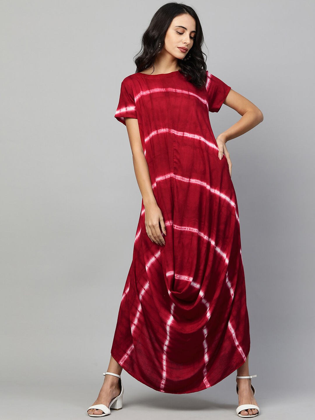 

FASHOR Red Tie and Dye Dyed Cowl Draped A-Line Maxi Dress