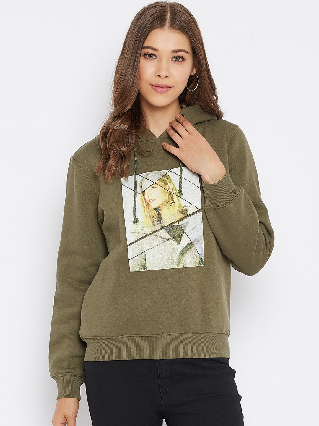 

Madame Women Olive Green Printed Hooded Sweatshirt