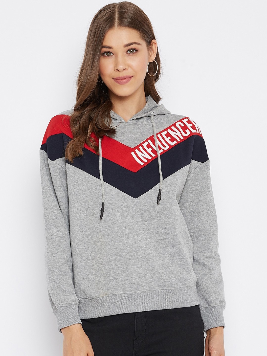 

Madame Women Grey Printed Hooded Sweatshirt