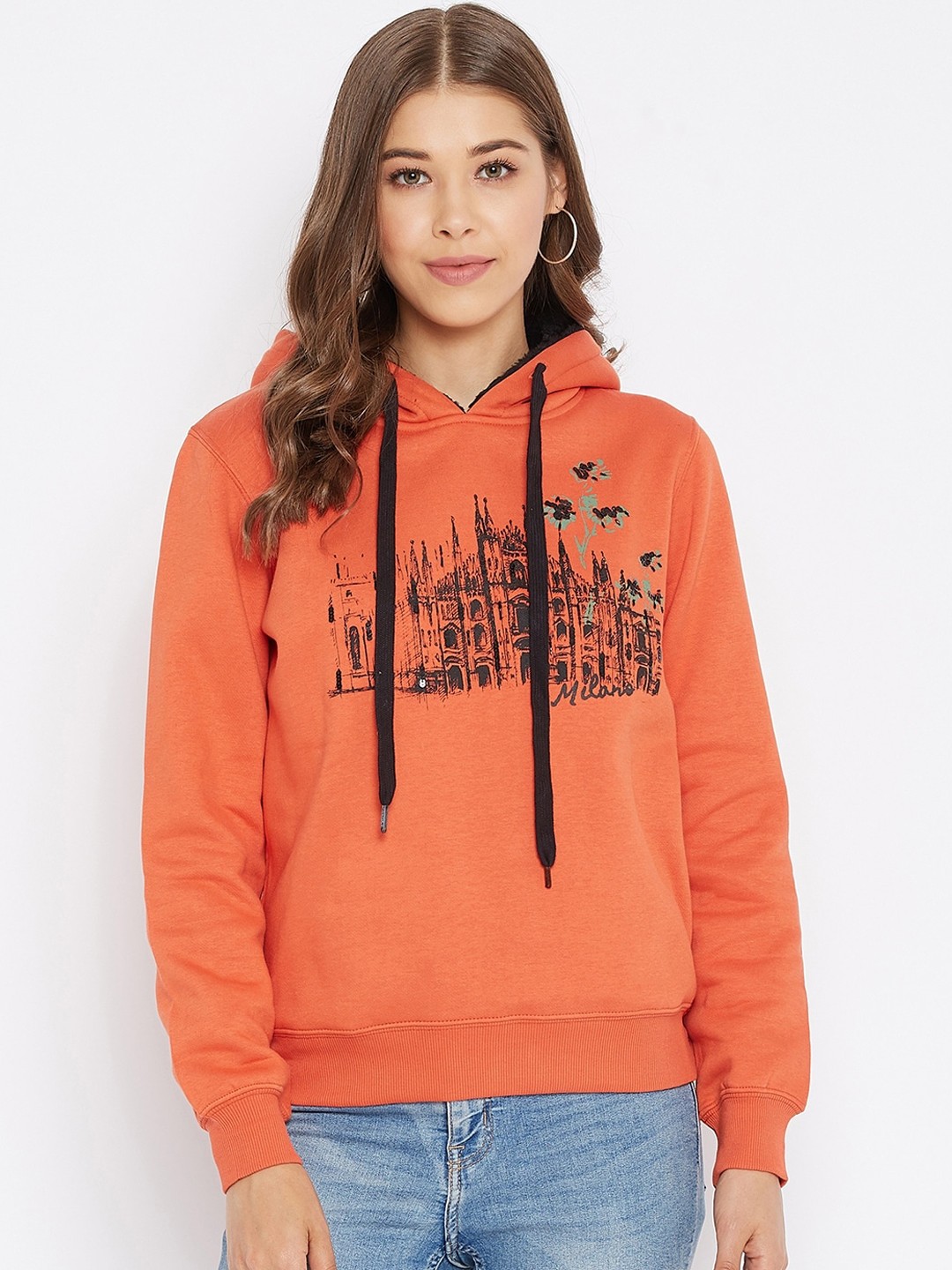 

Madame Women Orange & Black Graphic Printed Fleece Hooded Sweatshirt