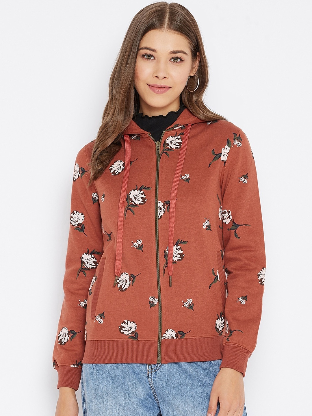 

Madame Women Rust Printed Hooded Sweatshirt