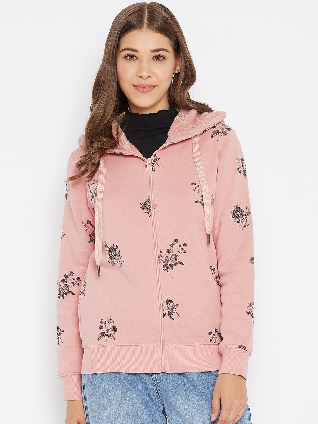 

Madame Women Pink Printed Hooded Sweatshirt