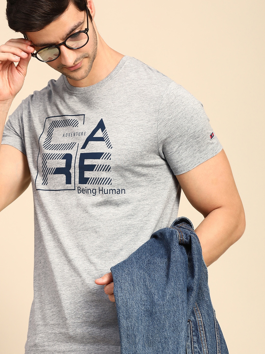 

Being Human Clothing Men Grey Melange Brand Logo Printed T-shirt