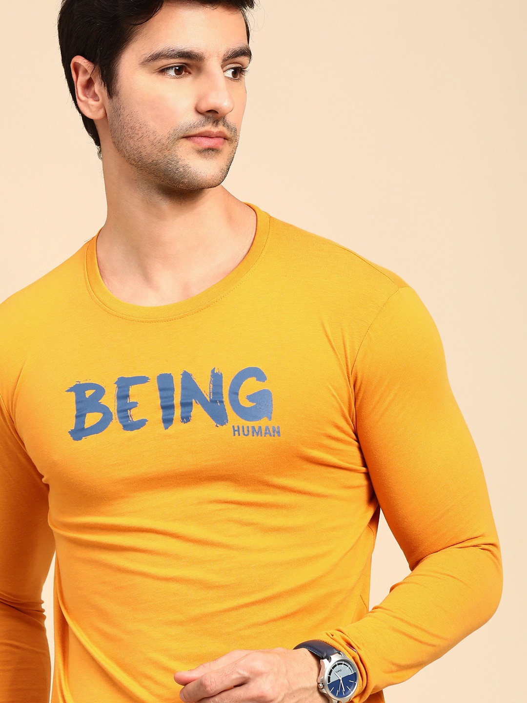 

Being Human Men Mustard Yellow Typography Printed Pure Cotton T-shirt