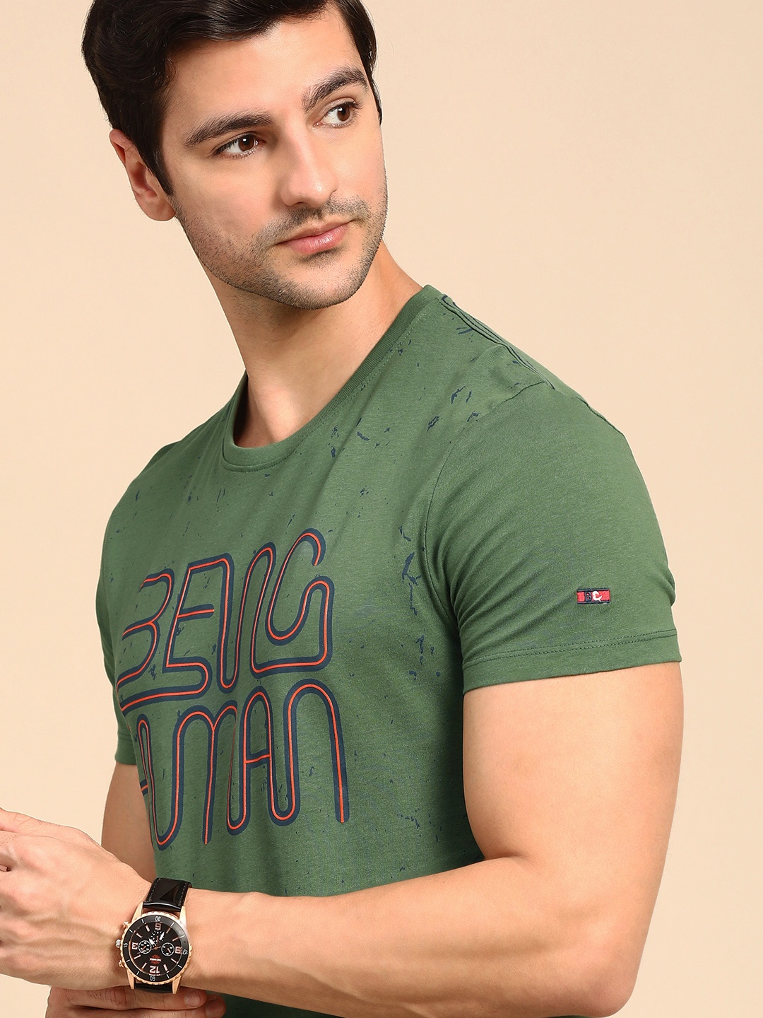 

Being Human Clothing Men Green Brand Logo Printed Pure Cotton T-shirt