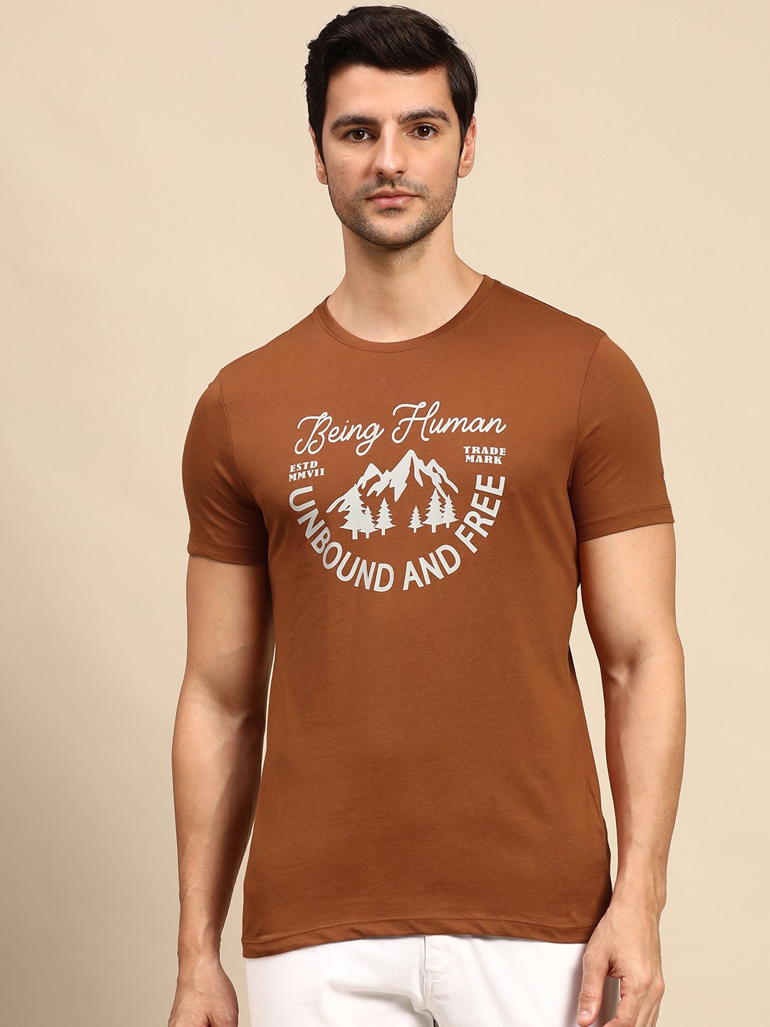

Being Human Men Rust conversational Printed Pure Cotton T-shirt