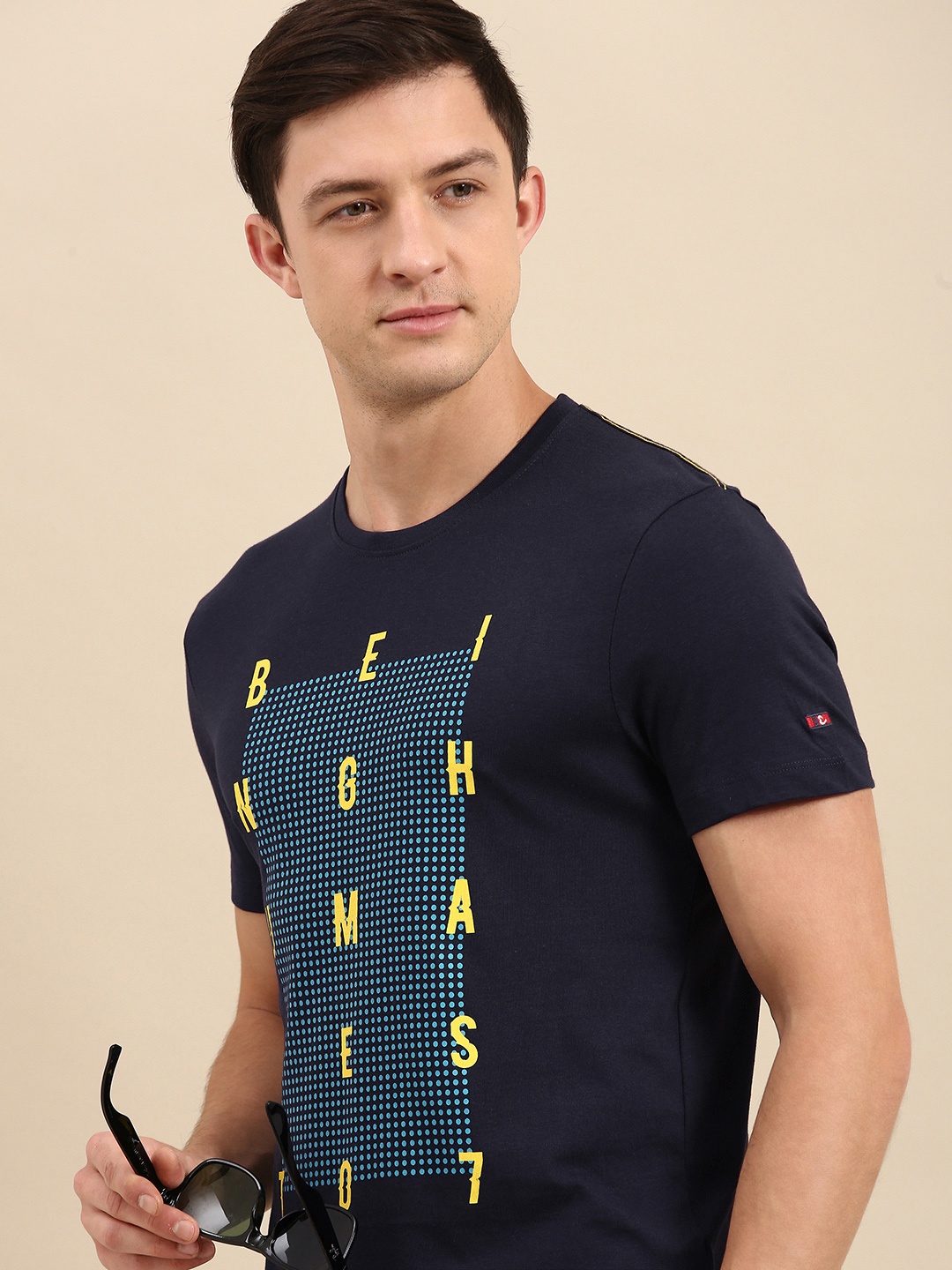 

Being Human Clothing Men Navy Blue Brand Logo Printed Round Neck Pure Cotton T-shirt