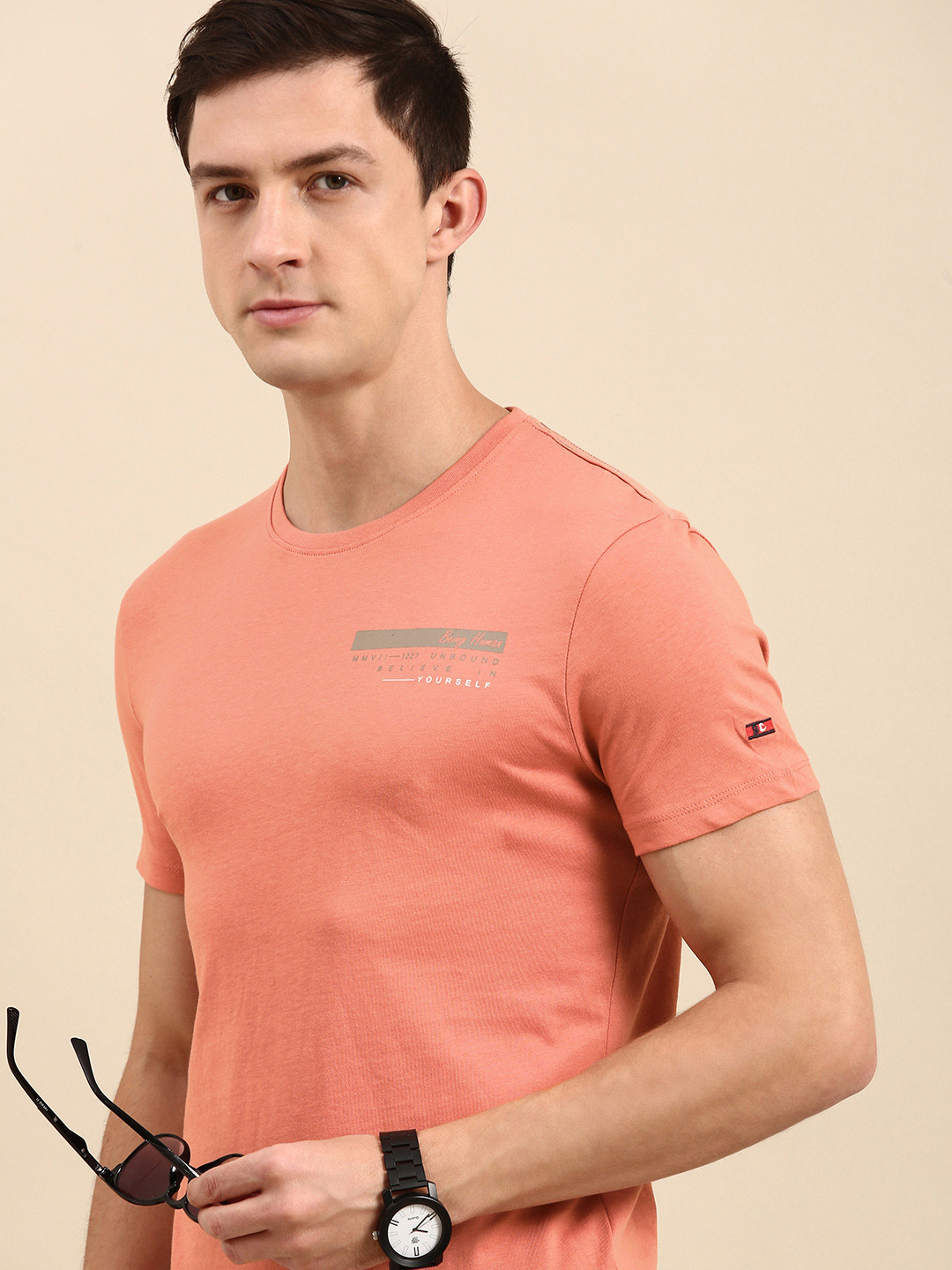 

Being Human Men Peach-Coloured Typography Printed Pure Cotton T-shirt
