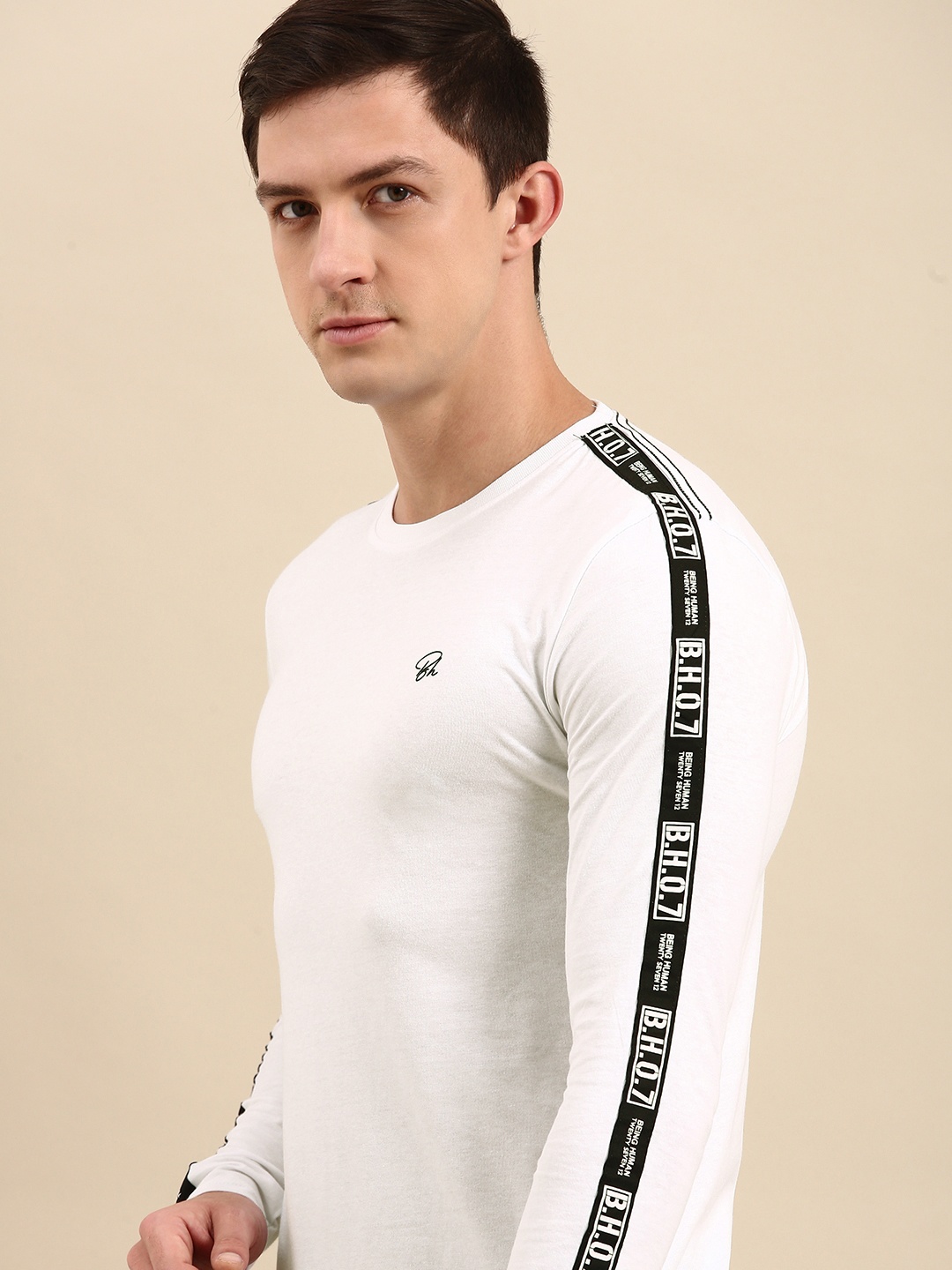 

Being Human Men White Brand Logo Printed Pure Cotton T-shirt With Side Stripes