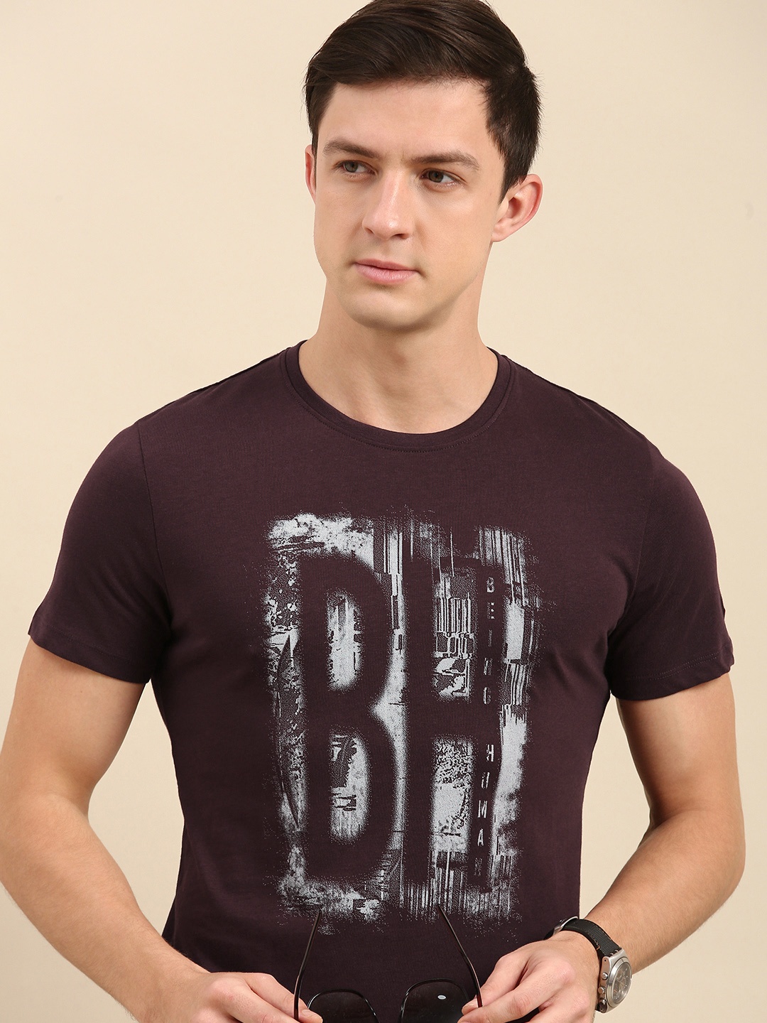 

Being Human Men Burgundy Brand Logo Printed Pure Cotton T-shirt