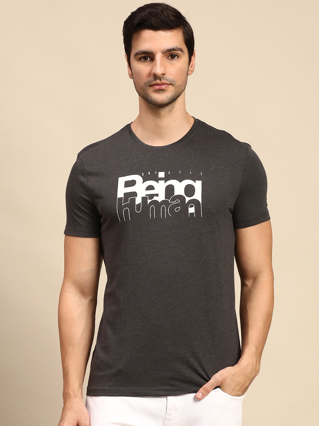 

Being Human Men Grey Typography Printed Pure Cotton T-shirt