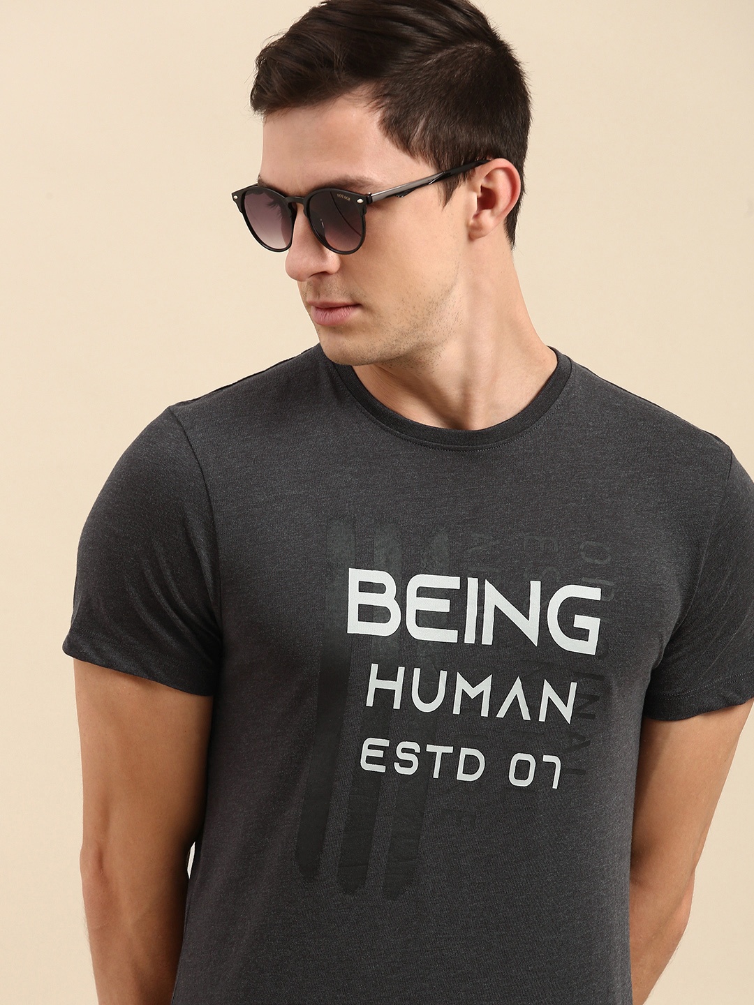

Being Human Clothing Men Charcoal Grey Brand Logo Printed Round Neck T-shirt