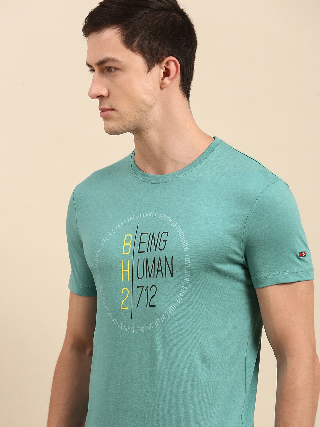 

Being Human Clothing Men Turquoise Blue Brand Logo Printed Pure Cotton T-shirt