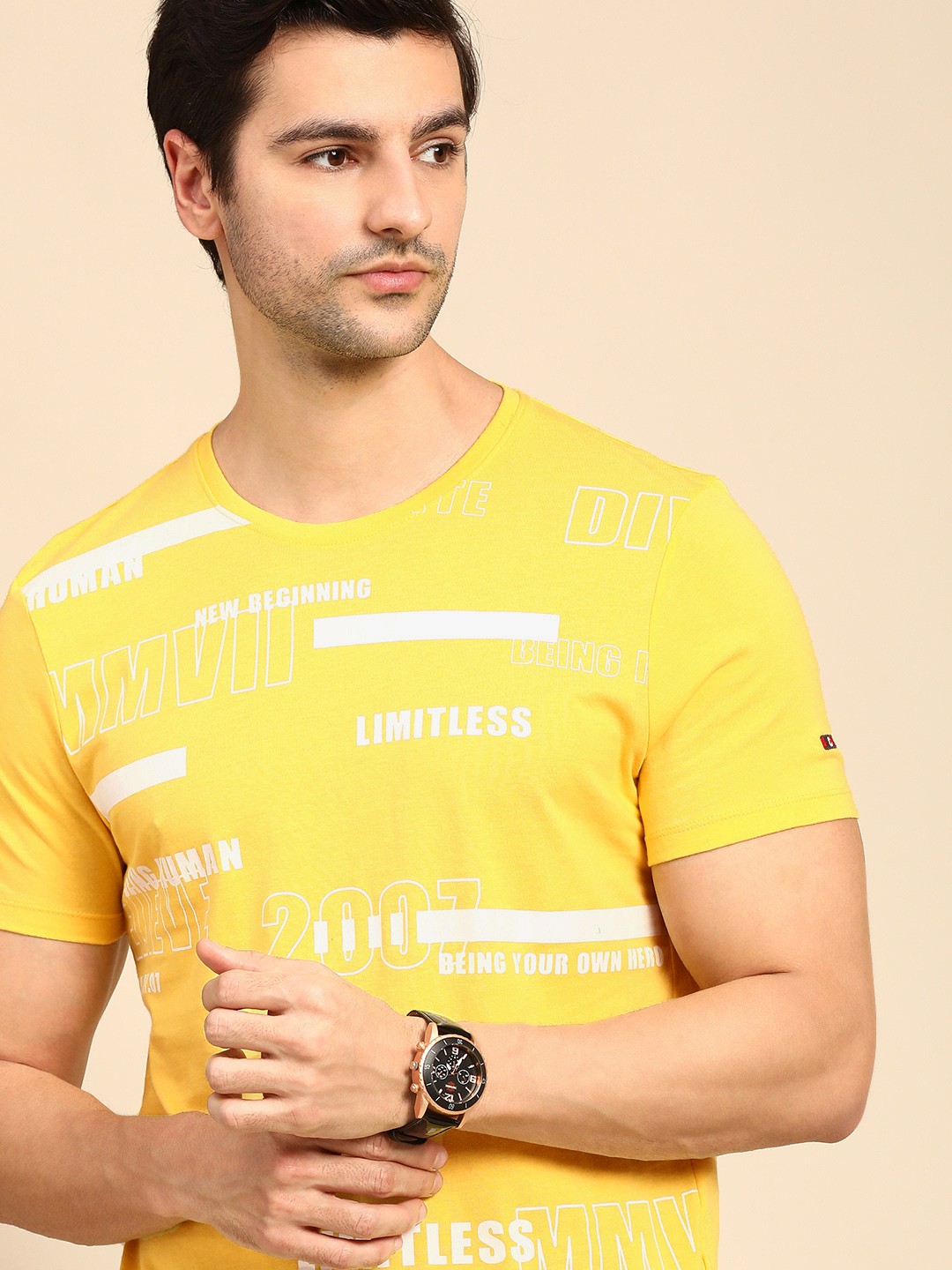 

Being Human Men Yellow & White Typography Printed Pure Cotton T-shirt