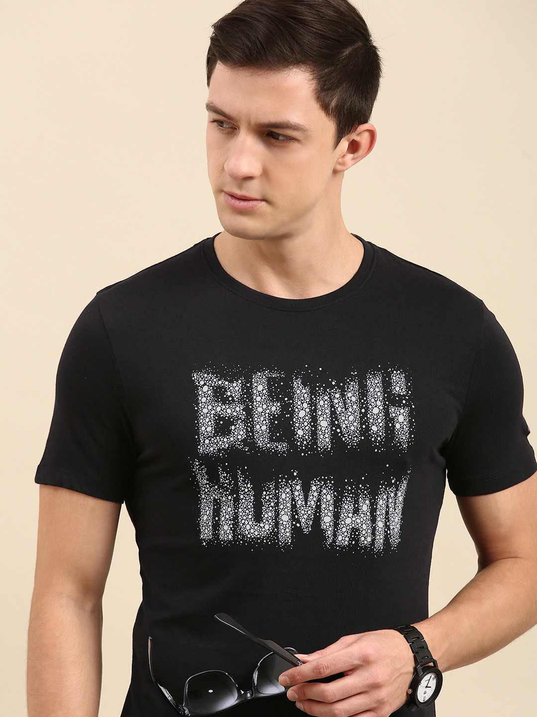 

Being Human Men Black Brand Logo Printed Pure Cotton T-shirt