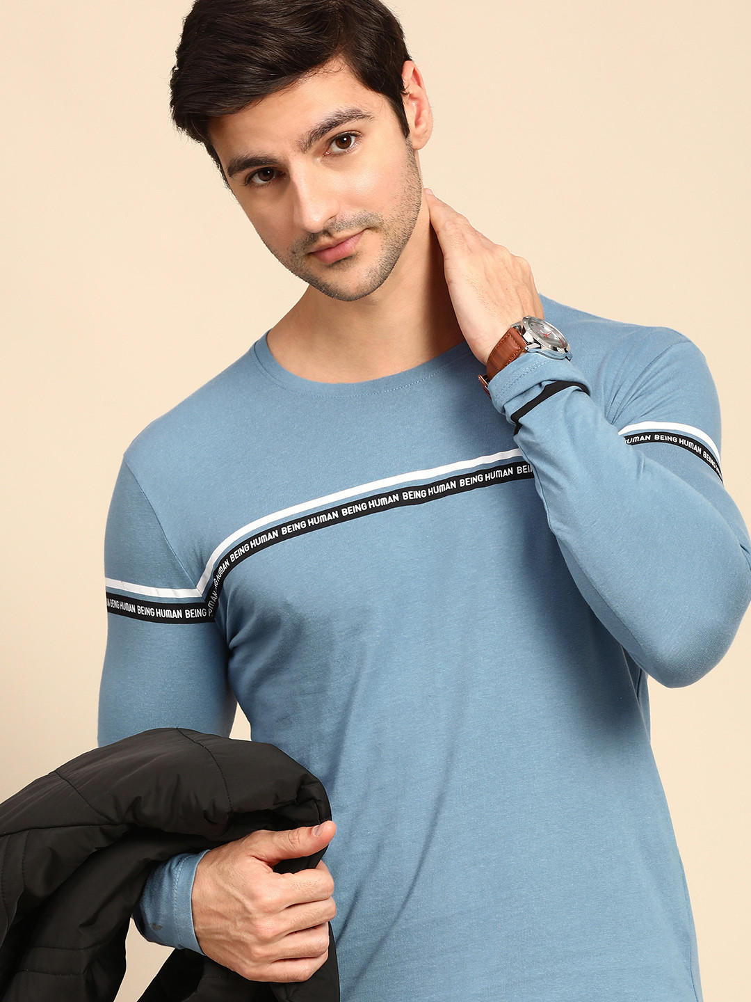 

Being Human Men Blue Printed Round-Neck Pure Cotton T-shirt