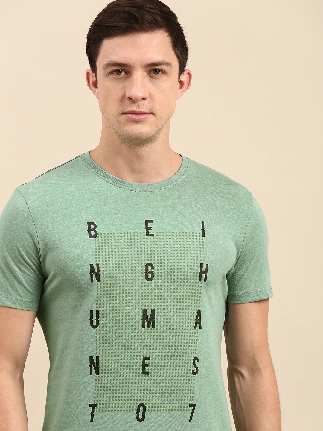 

Being Human Clothing Men Sea Green Brand Logo Printed Pure Cotton T-shirt