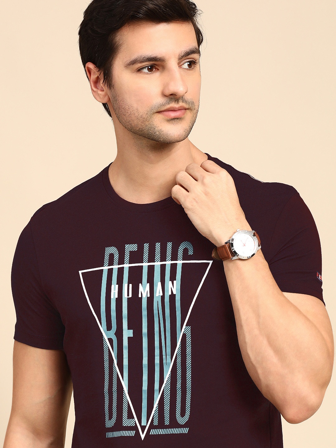

Being Human Men Burgundy Typography Printed Pure Cotton T-shirt