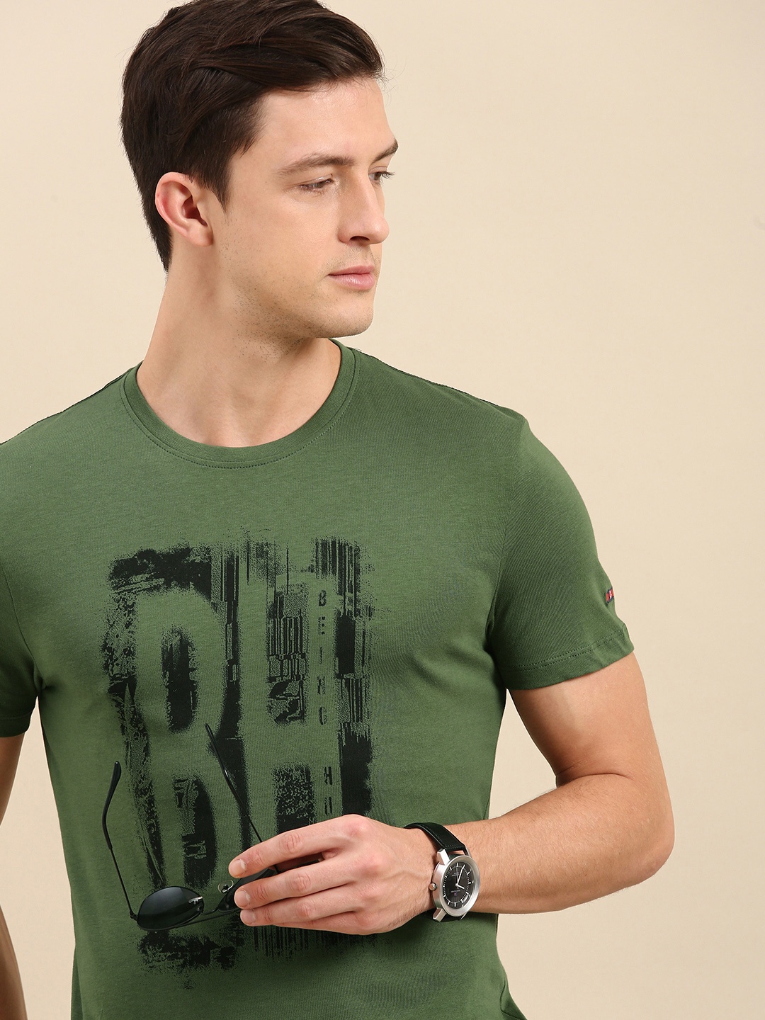 Being Human Men Olive Green Brand Logo Printed T-shirt