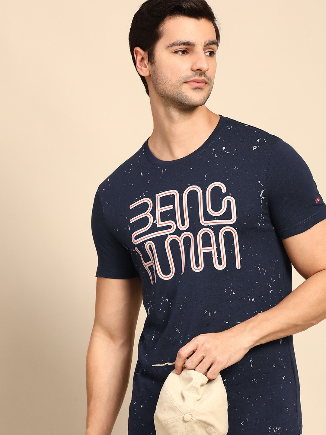 

Being Human Clothing Men Navy Blue Brand Logo Printed Pure Cotton T-shirt